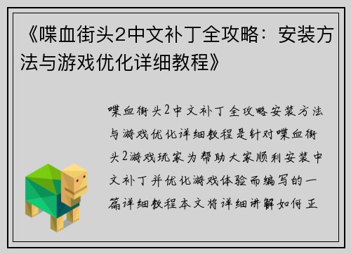《喋血街头2中文补丁全攻略：安装方法与游戏优化详细教程》